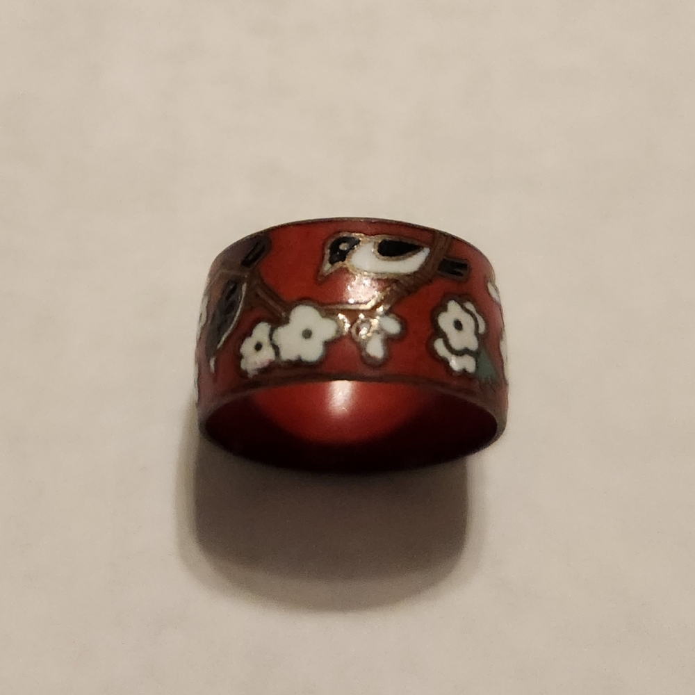 Cloisonne Enamel Ring, Red White Floral Cherry Blossom Bird, Sz 7, Japanese VTG